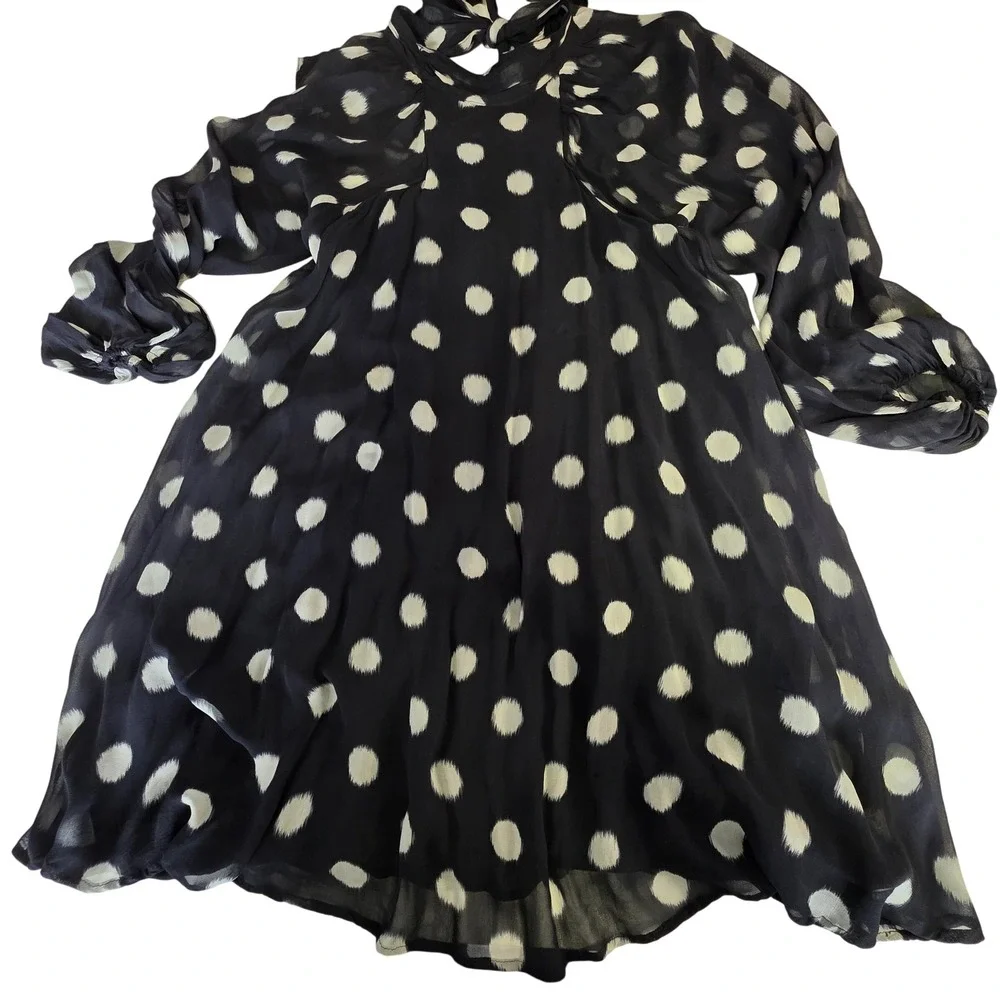 Maeve by Anthropologie Polka‎ Dot Bow Neck Sheer Midi Dress Black White X-Small